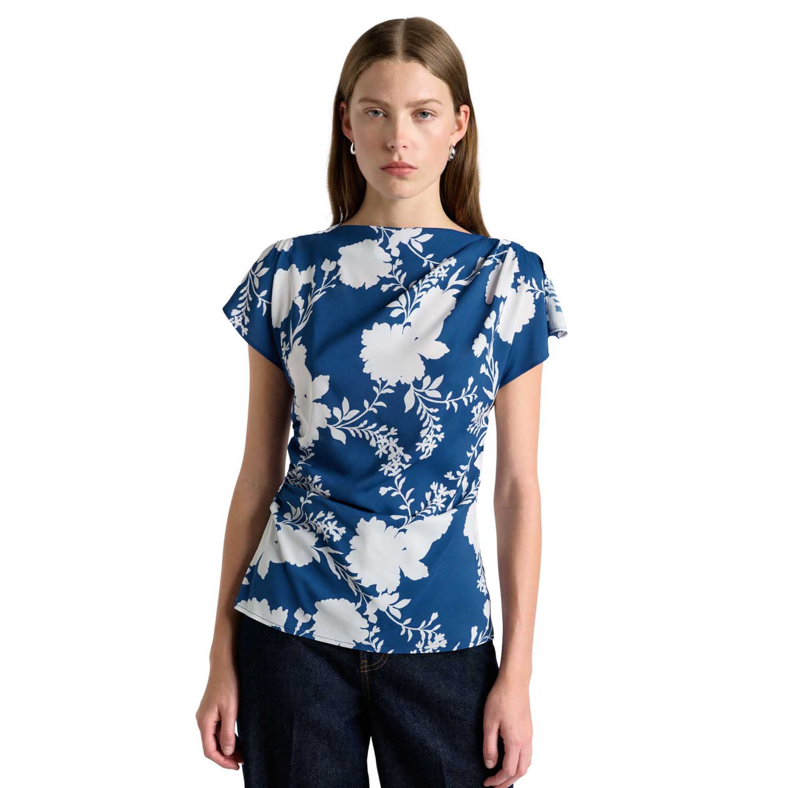 Cue Blue Shadow Floral Draped Blouse
